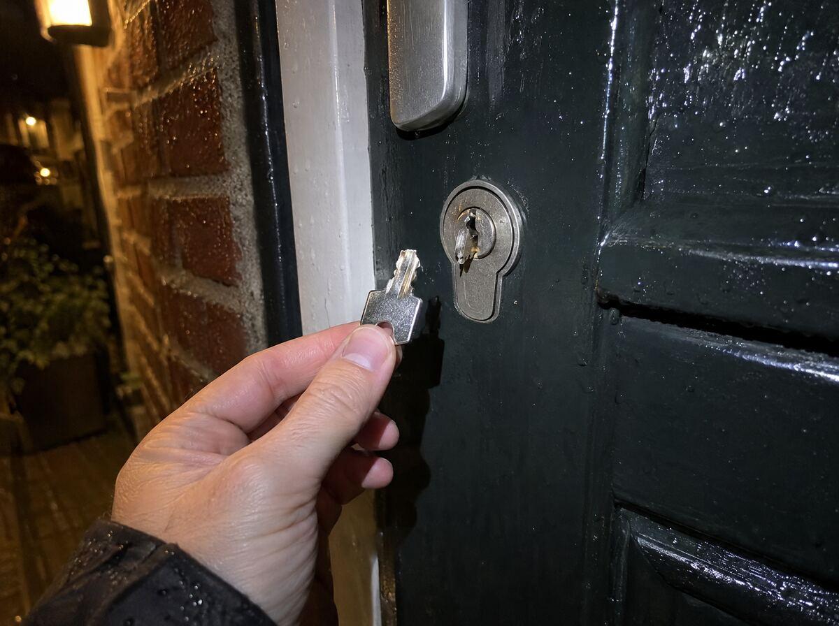 Een hand met een afgebroken sleutel naast het slot van een voordeur